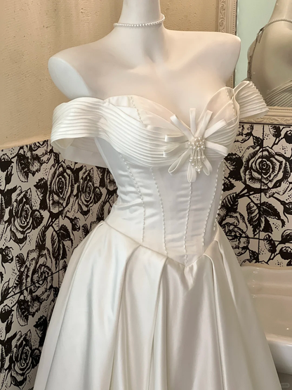 White Classy Ball Gown Off the Shoulder Pearl Satin Long Prom Dress Wedding Dress SH3857