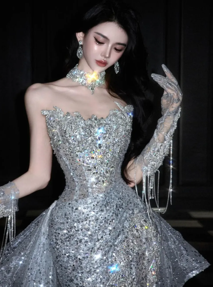 Silver Sequin Shiny Ball Gown Strapless Long Sweep Prom Dress Evening Dress Party Dress SH3617