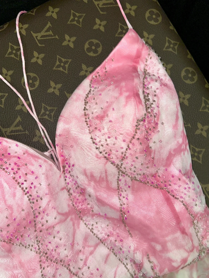 Elegant Mermaid Spaghetti Strap Pink Print Floral Beaded Chiffon Long Prom Dress Evening Dress SH3107