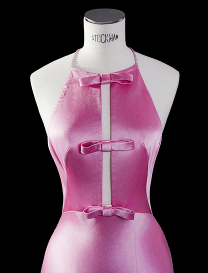 Cute Mermaid Halter Bow Pink Satin Open Back Prom Dress Graduation Prom Dress SH2462