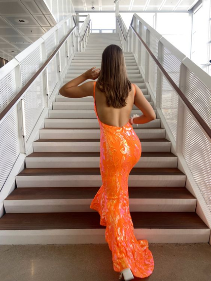 Unique Prtint Orange Long Mermaid Prom Dress Evening Dress SH953
