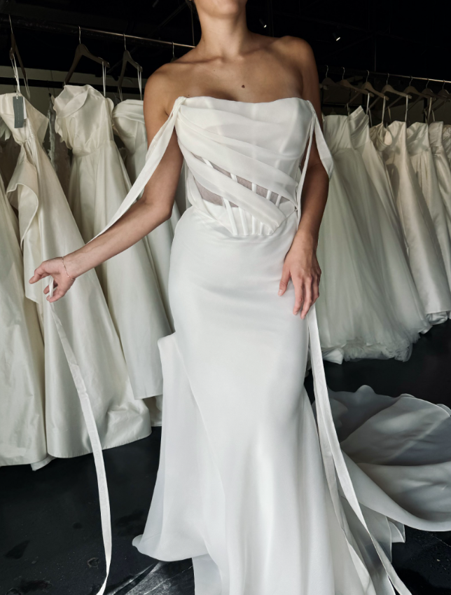 Simple Mermaid Off the Shoulder Corset Chiffon Long Sweep Wedding Dress SH2233