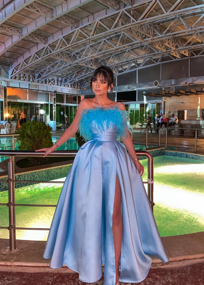 Blue A Line Strapless Feather Satin Prom Dress Evening Dress with Slit SH2043