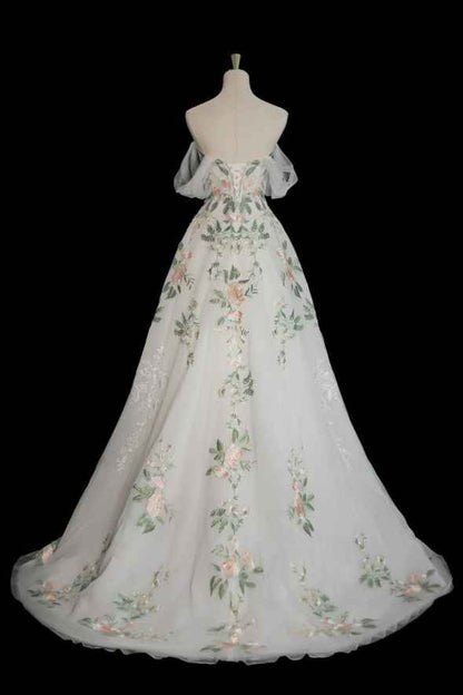 White exquisite floral fashion short sleeve long tulle floor length ball gown, evening dress, party dress gh3524