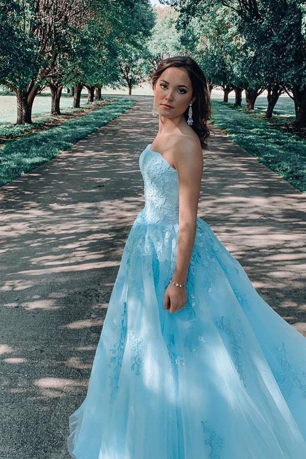 A-line Sky Blue Lace Appliques Strapless Long Prom Dress Graduation Dresses