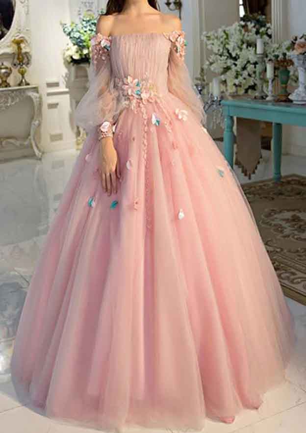 Pink delicate floral applique fairy long sleeves long tulle ball gown evening dress gh2279