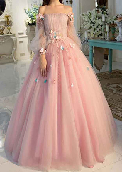Pink delicate floral applique fairy long sleeves long tulle ball gown evening dress gh2279