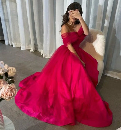Off The Shoulder Hot Pink A-Line Evening Prom Dress