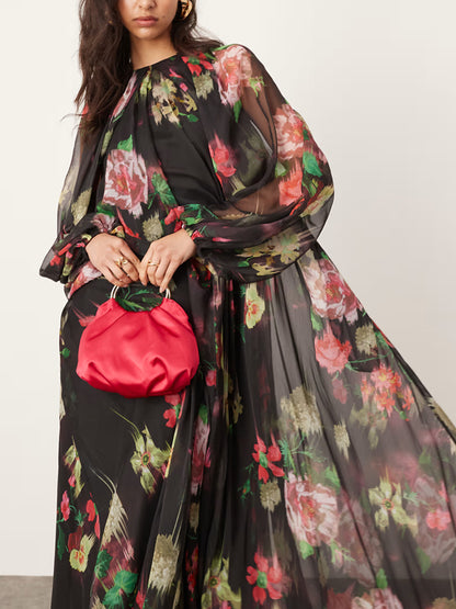 Black Floral Print Wide Sleeve Chiffon Maxi Dress