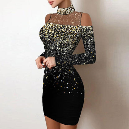 loveedsTM- Shiny Silk Turtleneck Bodycon Evening Dress Sexy Mesh Patchwork Long Sleeve A-line Dress Women Elegant Hollow Out Fashion Dress