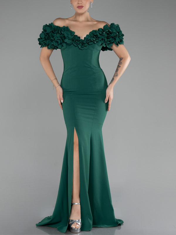 V-neck Solid Color Three-dimensional Flowers Maxi Dress