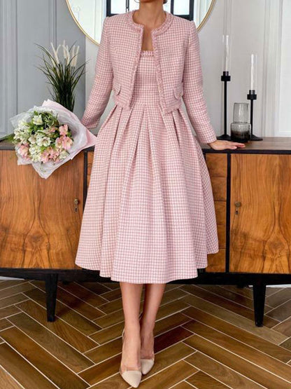 Casual Vintage Temperament Plaid Women's Dress Sets