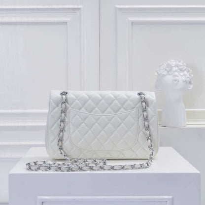 CHANEL CLASSIC DOUBLE FLAP BAG WHITE SILVER HARDWARE 25CM