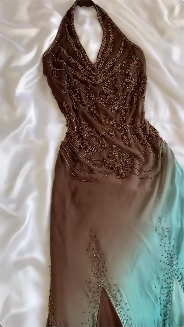 Mint Chocolate Prom Dress Brown Blue Gradient Gorgeous Lightweight Exquisite Beading Spaghetti Strap Long Chiffon  Evening Gown Party Dress gh3338