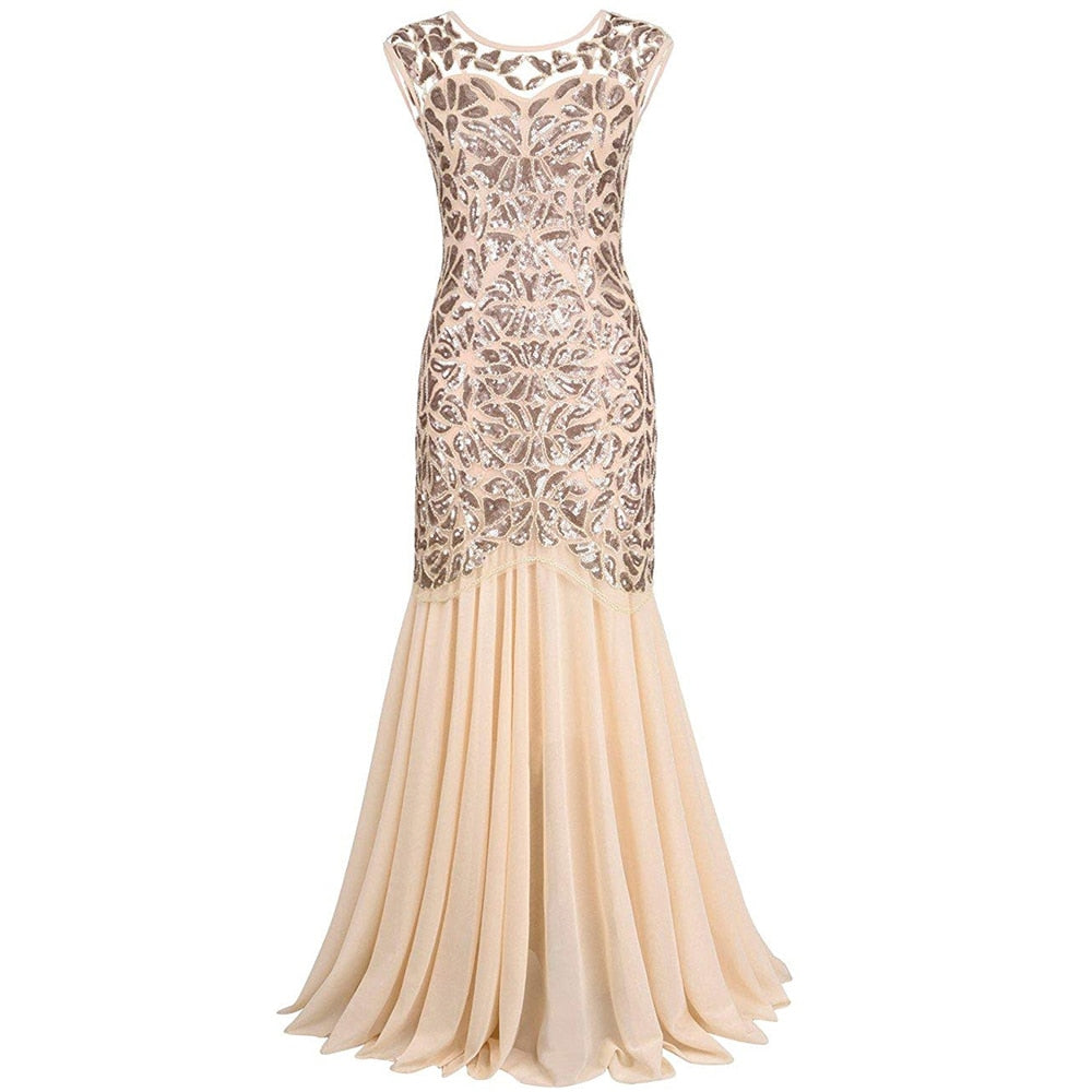 loveedsTM-Vestidos Vintage Mujer Sequins Beading Long Evening Dresses Formal Round Neck Lace Long Sexy Women Party Special Occasion