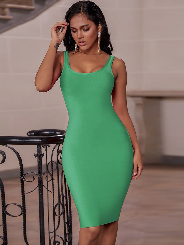 loveedsTM - Elegant Sleeveless Bodycon Bandage Dress for Women 2024 Summer Basic Green Sexy Dresses Roung Neck Evening Club Party Dress Midi