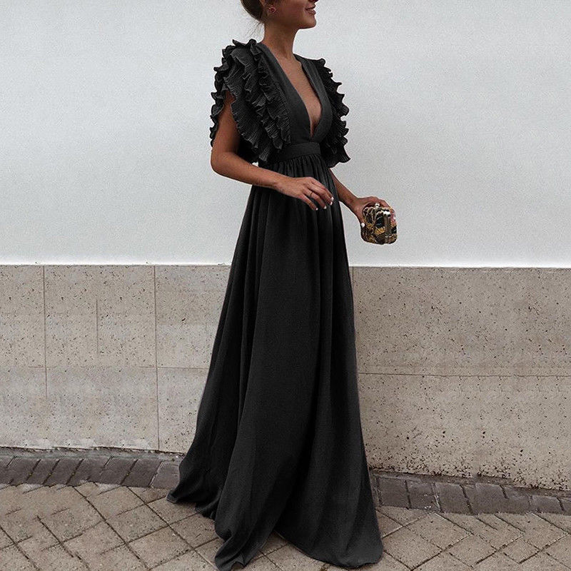loveedsTM- Formal Party  Dress Women Deep V-Neck Long Dress Elegant Flying Sleeves Backless Maxi Evening Dresses Robe De Soiree