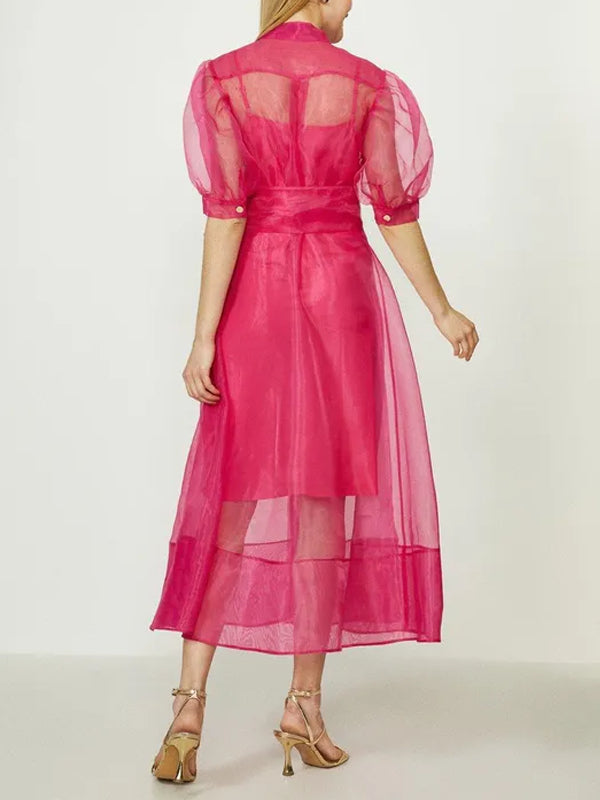 Organza Puff Sleeve Tie Waist Dress