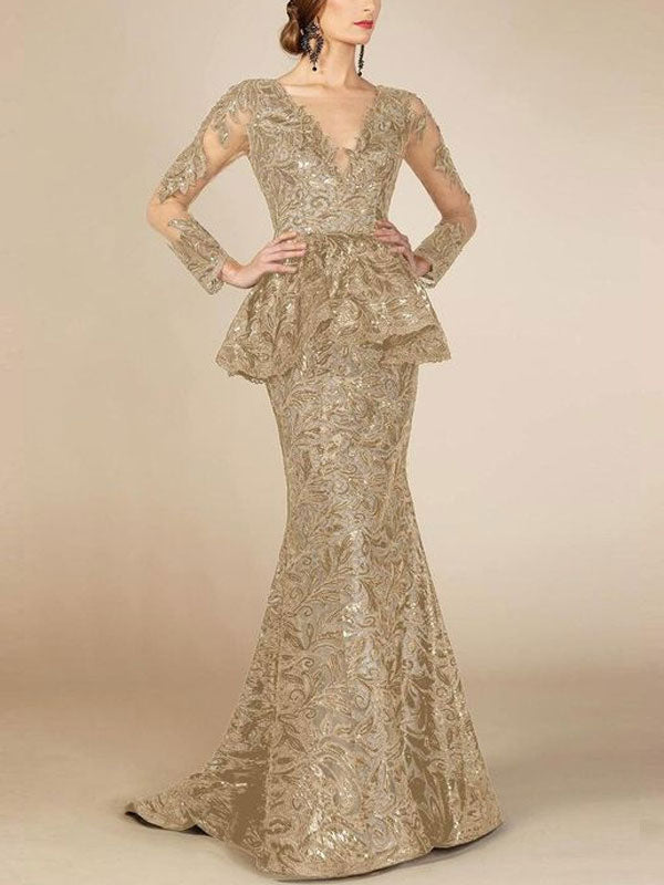 Deep V-neck with Elegant Ruffles Gown