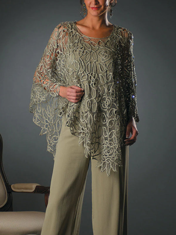 Lace crew neck top trousers set