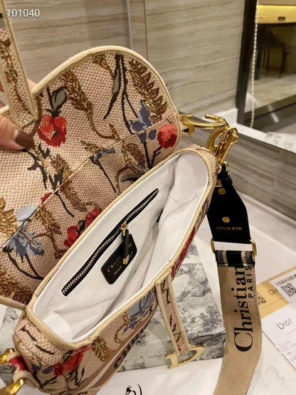 CHRISTIAN DIOR SADDLE BAG EMBROIDERED CANVAS HANDBAG IVORY
