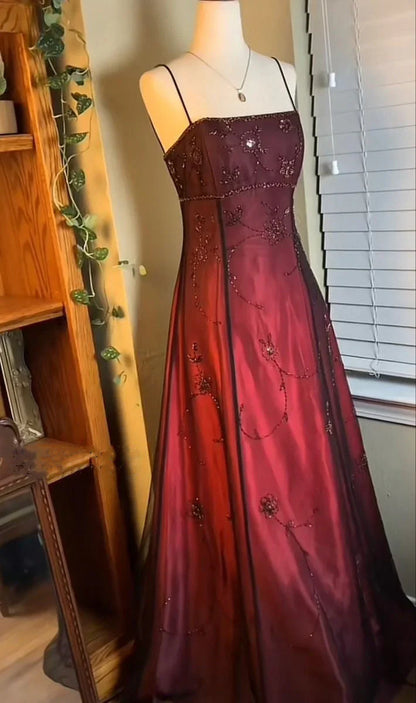 Vintage A Line Spaghetti Strap Beaded Black Chiffon Burgundy Satin Prom Dress Graduation Prom Dress SH2598