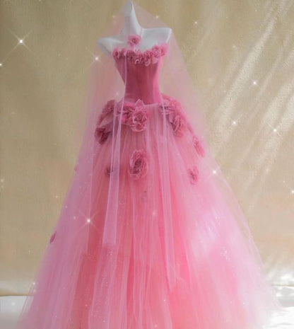 Pink Floral Long Velvet Tulle Quinceanera Gowns Ball Gown Evening Dress gh4885