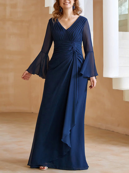 V Neck Pleated Floor-Length Dress