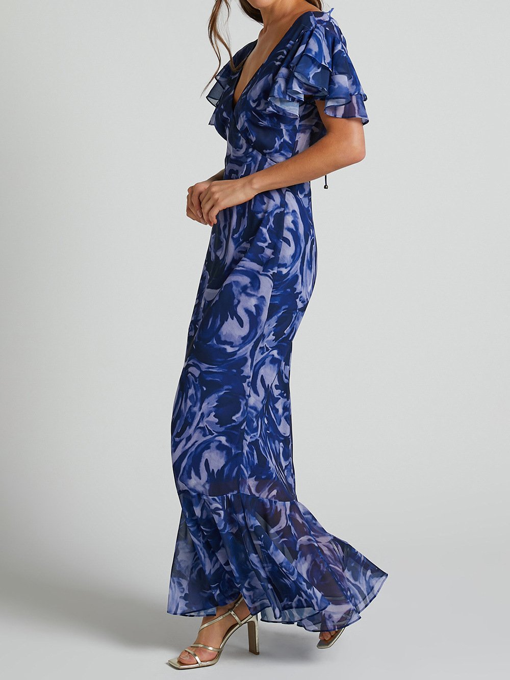 loveedsTM-Navy Swirl V-Neck Flutter Sleeve Maxi Dress