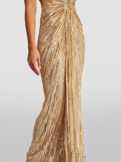 V-Neck Sequined Short-Sleeved Solid Color Maxi Dress