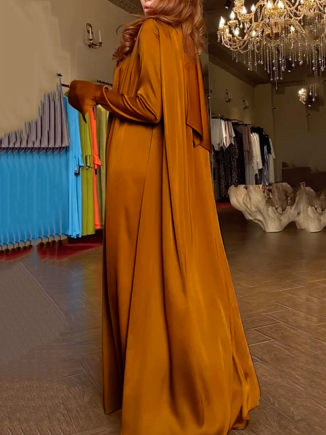 loveedsTM- Flared Sleeves Long Sleeves Solid Color High-Neck Maxi Dresses