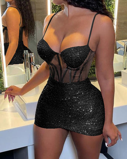 loveedsTM-Contrast Mesh Bodycon Cami Sequin Dress