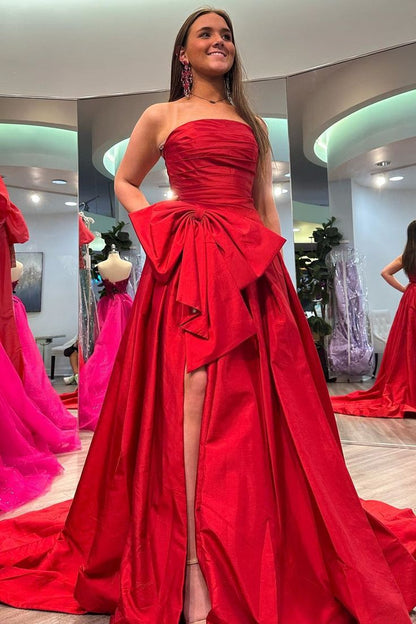 Strapless A-Line Satin Long Evening Prom Dresses With Bowknot