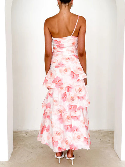 One Shoulder Pleated Spaghetti Strap Printed Dress