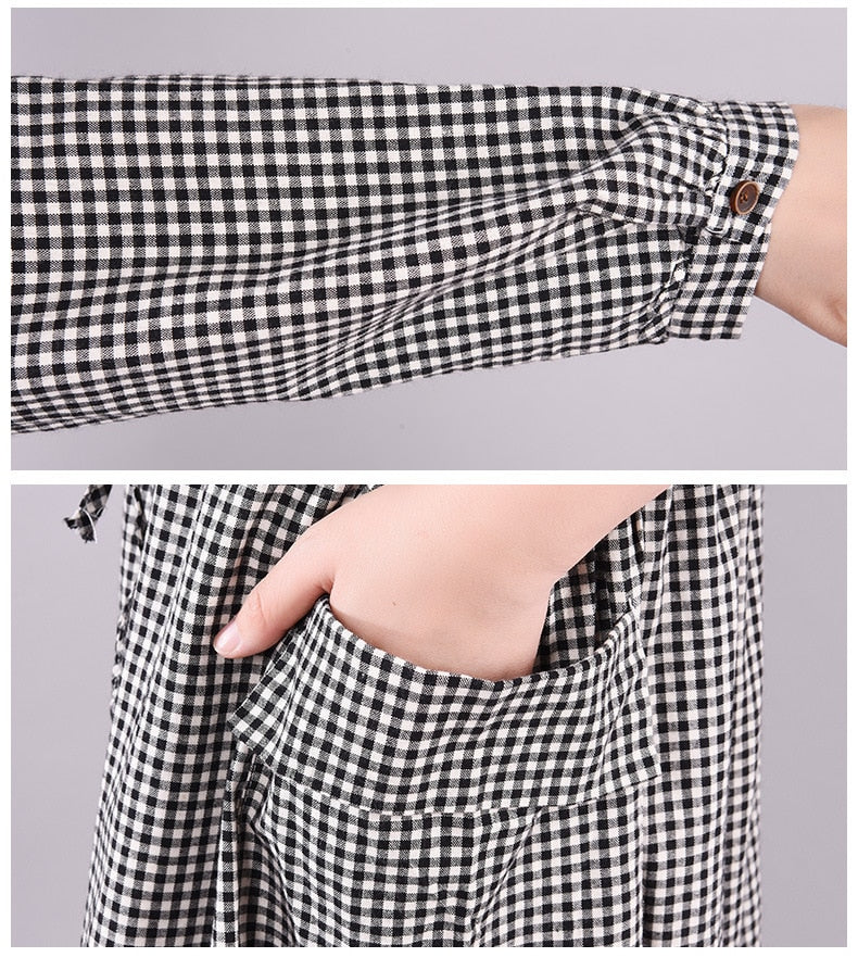 loveedsTM- Dresses for Women Loose Stitching Cotton and Linen Plaid Long-sleeved Dress Women's Lace-up Waist Midi Skirt  Elegantly