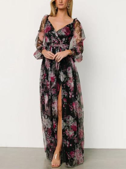 V-neck Long Sleeve Print Maxi Dress