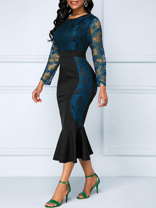 Round Neck High Waist Lace Stitching Package Hip Fishtail Dress