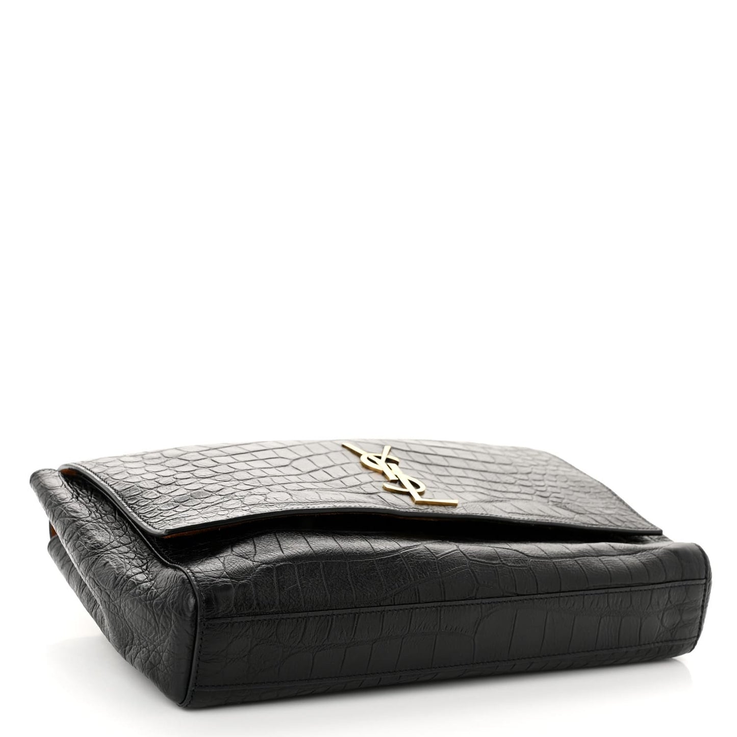 Saint Laurent  Calfskin Crocodile Embossed Suede Medium Reversible Monogram Kate Satchel Military Taupe