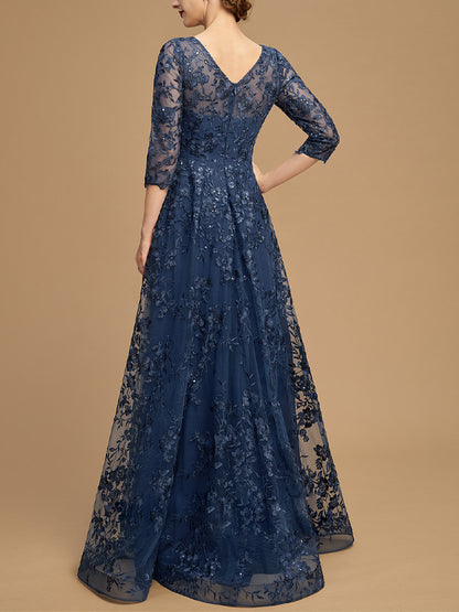 Round Neck Lace Long Sleeve Solid Color Maxi Dress