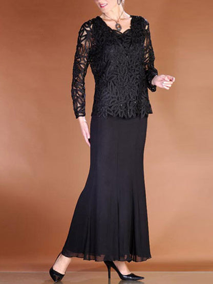 Lace Cutout Air Quality Round Neck Long Sleeve Ladies Skirt Set