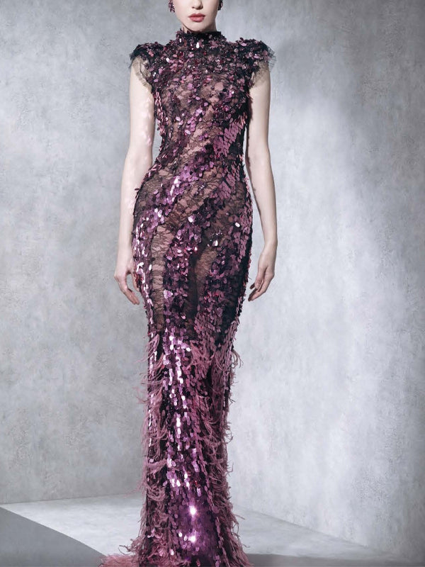 Sleeveless Solid Sequined Mesh Maxi Dress