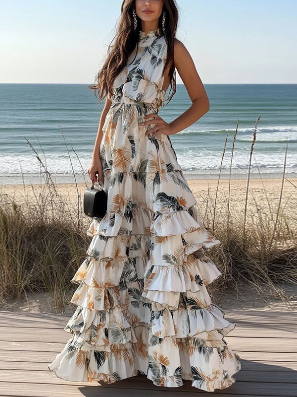 White Halterneck Print Maxi Dress