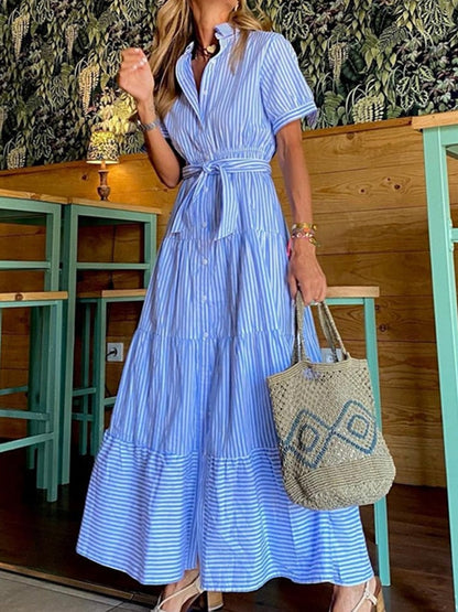loveedsTM-Women Elegant Striped Short Sleeve Maxi Dress New Fashion Lace-Up Belt Party Dress Sexy Loose Hem Shirt Long Dress Vestidos