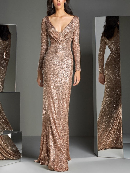 V-neck Sequin Solid Color Maxi Dress