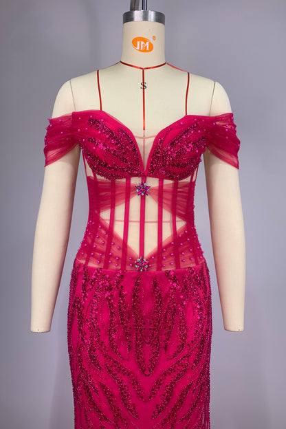 loveedsTM-Red mesh sequined super heavy dress-vx