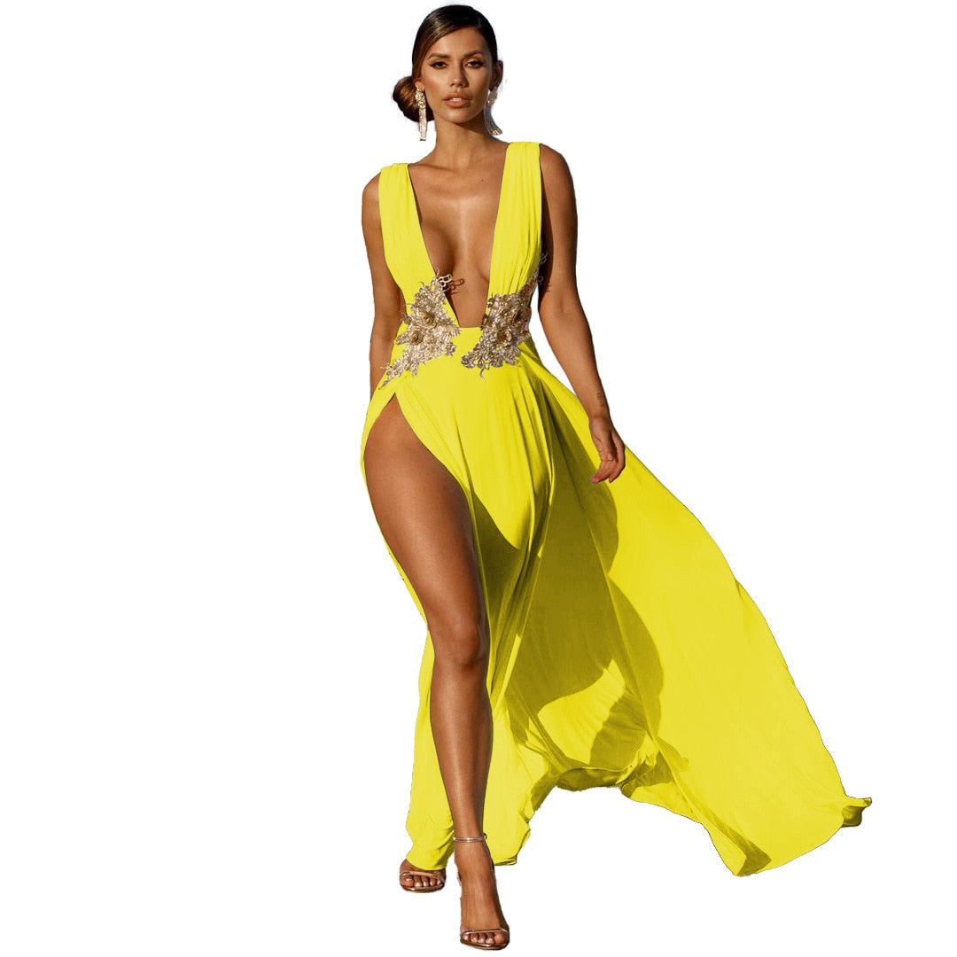 loveedsTM- Women Evening Party Dress Vestidos Long Maxi Dress Sexy Summer Deep V Neck Backless Dress High Slit Fashion Festival
