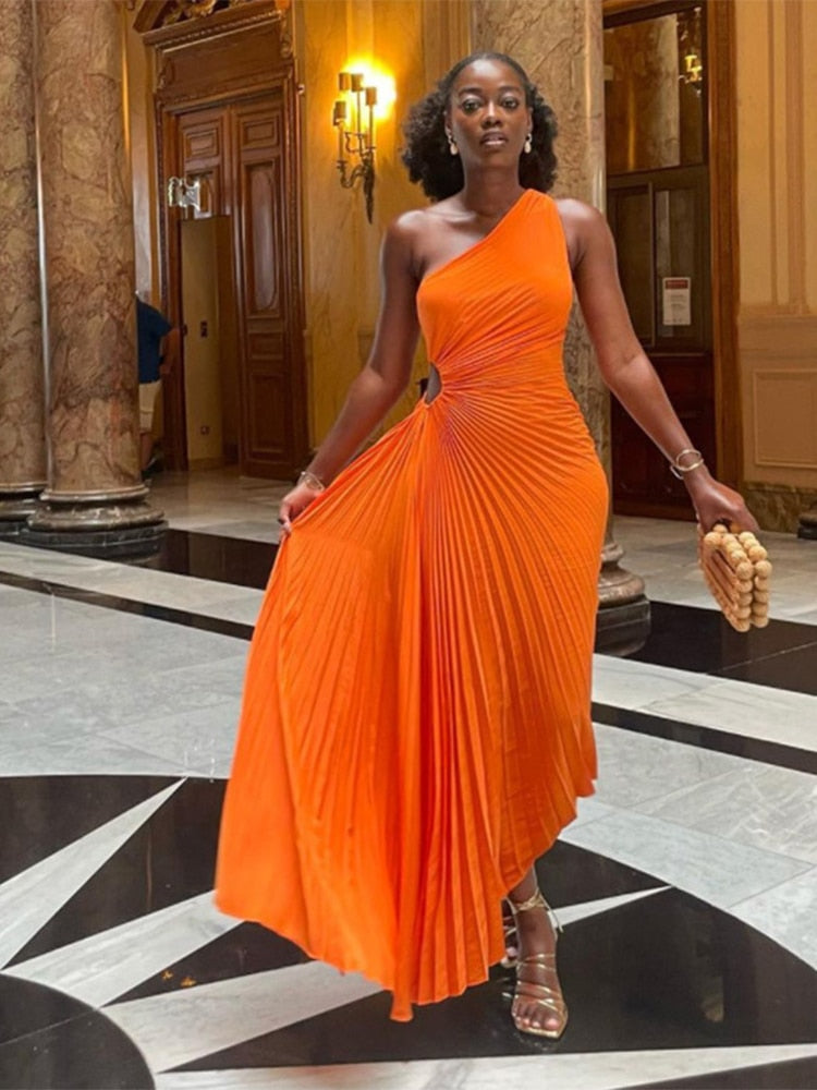 loveedsTM-Lady Roll Waist Sleeveless Pleated Ruched A-line Dress Women One Shoulder Sexy Prom Evening Dresses New Fahion Chothing