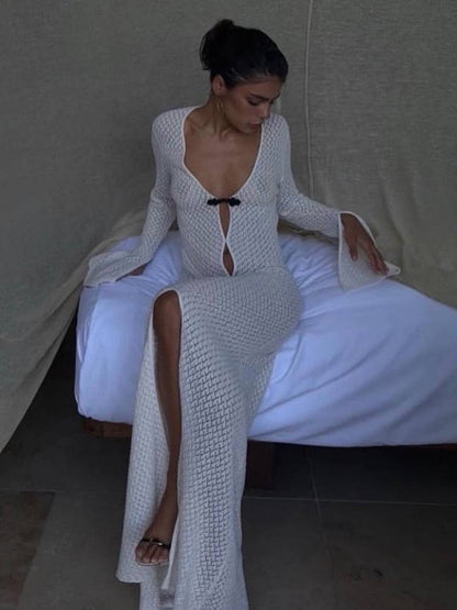loveedsTM-Summer Beach Holiday Knitted Maxi Dress Outfits for Women Party Club Long Sleeve See Through Dresses Hollow Out