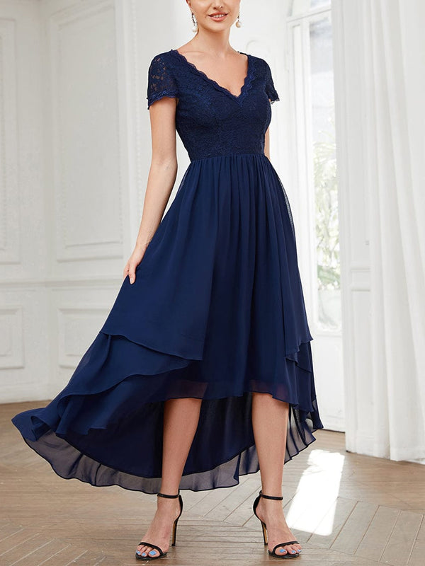 V-neck Lace Solid Color Midi Dress