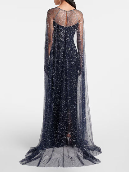 Round Neck Mesh Solid Color Maxi Dress